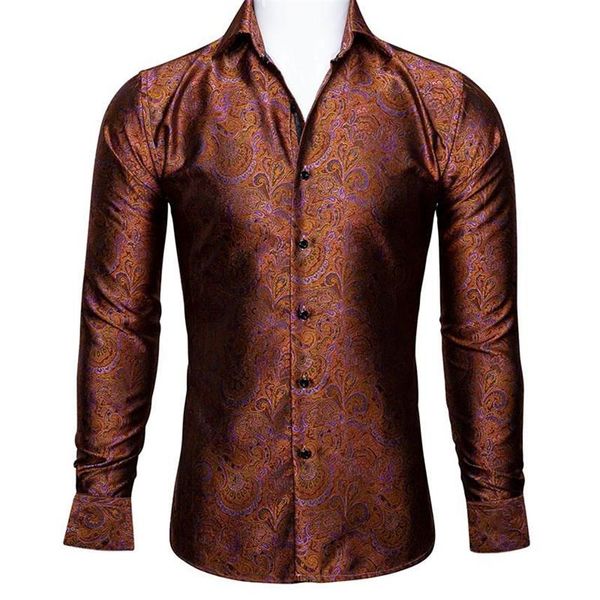 Camisas de vestido masculinas Barry Wang Luxo Laranja Paisley Seda Homens Manga Longa Casual Flor de Ouro para Designer Fit Camisa BCY-0030265i