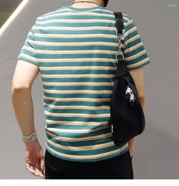 Homens camisetas Harajuku manga curta listrado t-shirt em torno do pescoço estilo coreano high street hip casual roupas masculinas streetwear tops