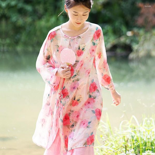 Blusas femininas qpfjqd mulher impressão original rosa frênulo estilo chinês blusa casual o-pescoço senhoras linho solto camisas retro 2023 outono
