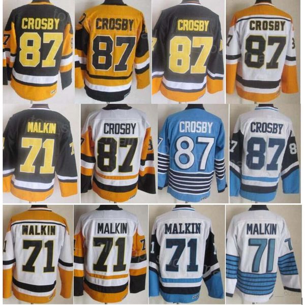 Uomo Retro Hockey 87 Maglie Sidney Crosby 71 Evgeni Malkin Vintage Classic CCM Retire Team Colore Nero Bianco Blu Giallo Tutto cucito Per gli appassionati di sport Traspirante