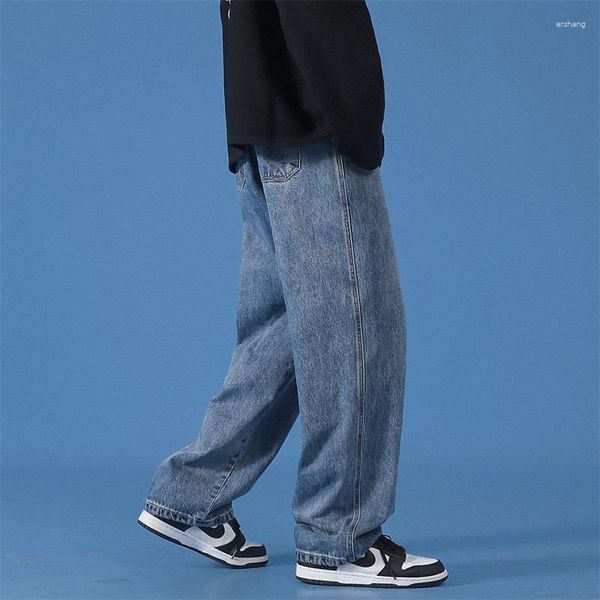 Calças de brim masculinas moda coreana solta clássico all-match cor sólida reta denim calças largas masculino luz azul preto