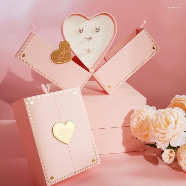 Bolsas de jóias Caixa de presente de dia dos namorados dupla feliz menina rosa anel criativo colar caixas de embalagem saco de armazenamento