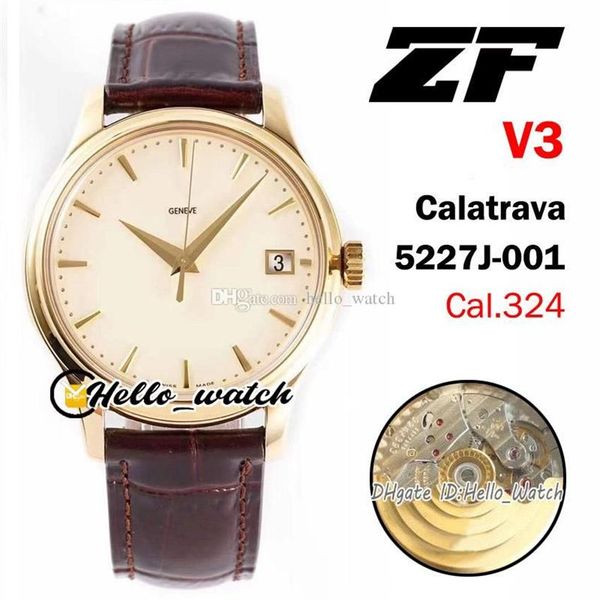 ZFF Novo V3 Calatrava 5227 5227J-001 ETA PP324SC Relógio Automático Masculino Prata Dial Stick Marcador 18K Ouro Amarelo Caso Couro Marrom H235K