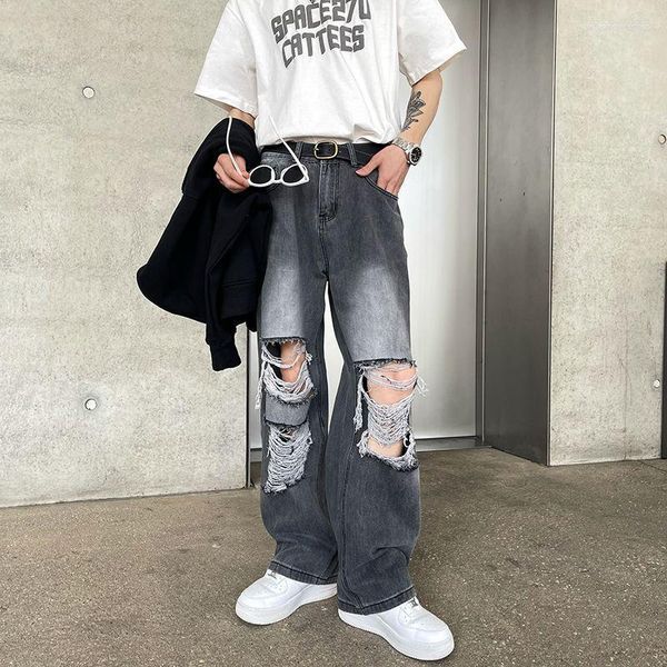 Männer Jeans Marke Breite Bein Boyfriend Vintage Gewaschen Zerrissene Denim Hosen High Street Machen Alte Männliche Loch Mode Lange Hosen A60