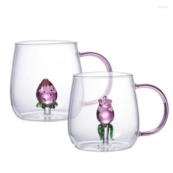 Bicchieri da vino Bicchieri di cristallo da 380 ml Tazze da caffè multiuso trasparenti in vetro con accessori per bere fragole 3D per viaggi a casa sul posto di lavoro