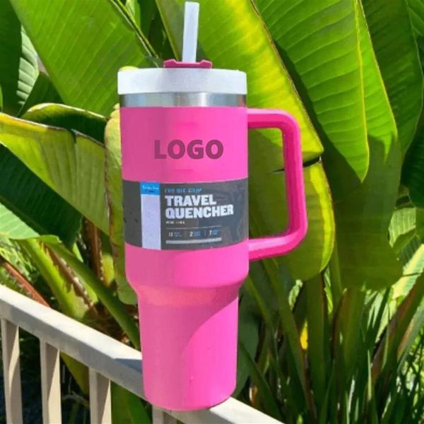 Klaar voor verzending roze 40oz waterflessen met handvat deksel stro roestvrijstalen thermosbekers met logo automokken houdt drinken koud280o