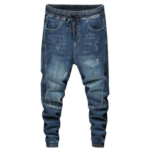 Брюки для бега, мужские джинсы, эластичный пояс на шнурке, синие свободные зауженные мужские модные брюки, мужские брюки большого размера 42 065263Y