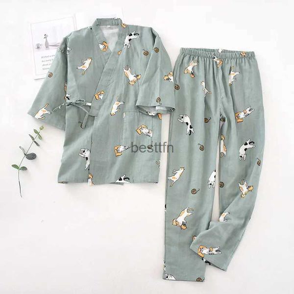Women's Sleep Lounge 2023 neues Kimono-Pyjama-Set mit sieben Ärmeln im japanischen Stil für Frauen im Frühling und Herbst, 100 % Baumwollgaze, Heimkleidung, süß, süß, zwei-pL231005