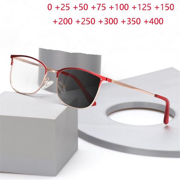 Güneş Gözlüğü Kırmızı Çerçeve Güneş Pokromik Reçine Objektif Kedi Göz Hiperyonu Gözlük Kadın UV400 Presbyopic Glasses Kadın 0 25 50 ila 400