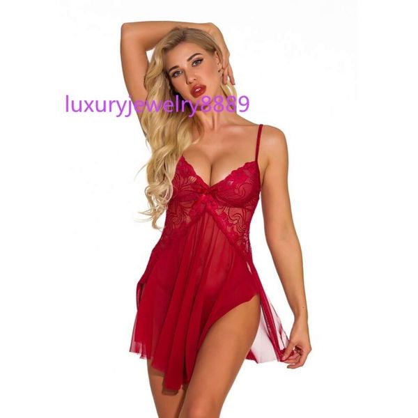 Mulheres Sexy Soft Midnight Split Side Lace e Malha Chemise Babydoll com G-String Spaghetti Straps Pijamas Vestido Lingerie Conjunto S-XXL Multic