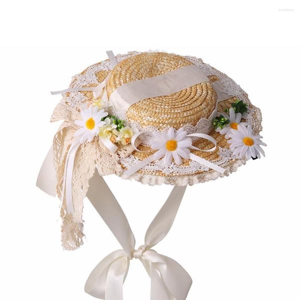 Fontes de festa Lolita chapéu de palha feminino menina estilo pastoral vitoriano gorro de renda para traje chá boné liso