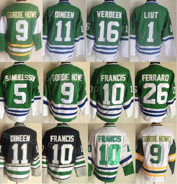 Erkekler Retro Hokey 1 Mike Liut Jersey Vintage Classic 10 Ron Francis 11 Kevin Dineen 16 Patrick Verbeek 26 Ray Ferraro 5 Ulf Samuelsson 9 Gordie Howe Dikişli Emekli