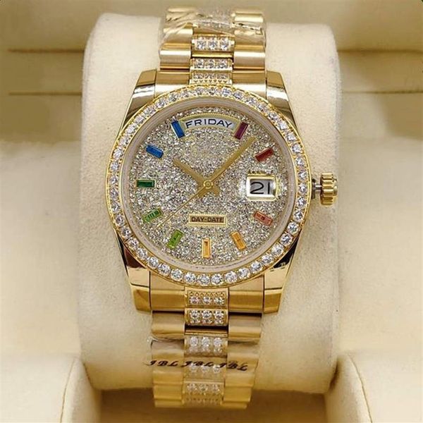 Homens e mulheres relógios mecânicos automáticos 36mm safira arco-íris literal pulseira broca anel de aço inoxidável fivela dobrável water2084