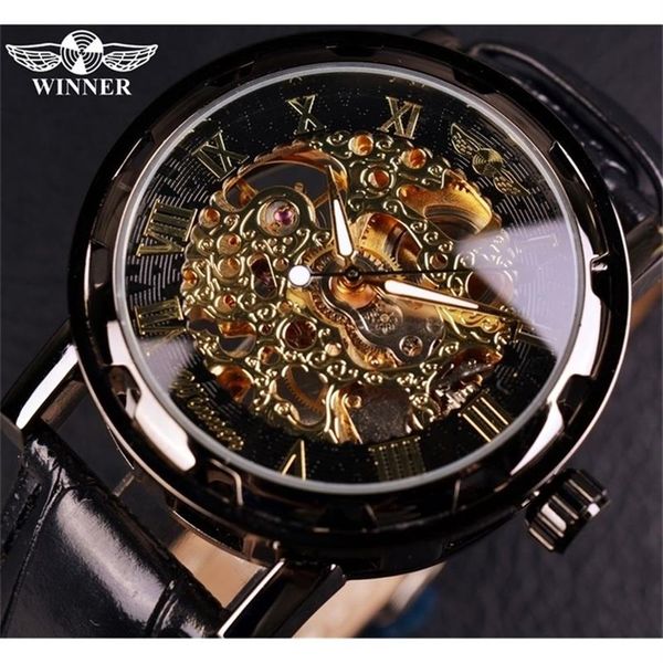 Gewinner Schwarz Gold Männliche Uhr Männer Relog Skeleton s Uhren Top Marke Luxus Montre Leder Armbanduhr Mechanische Uhr 220423298P