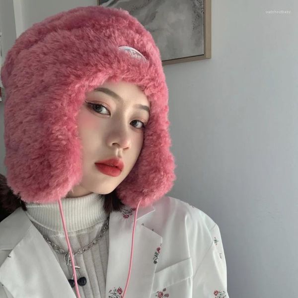 Berets Velvet Ski Flying Hat Cor Sólida Quente Pelúcia Proteção de Orelha Lei Feng Moda Feminina com Outono e Inverno Espessado