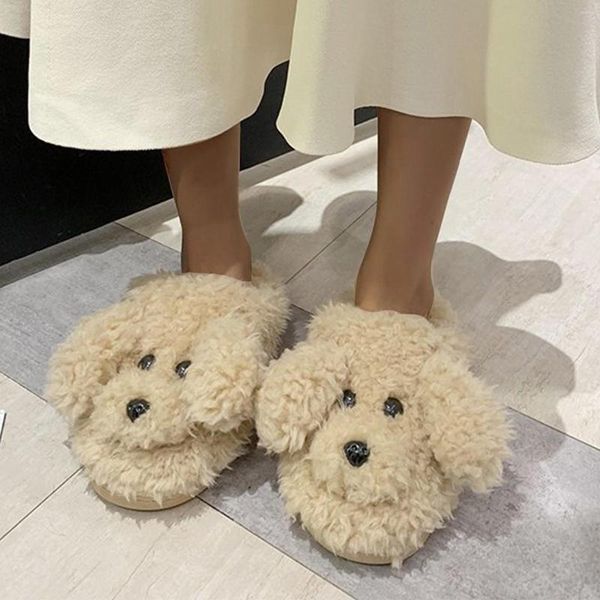 Terlik köpek kadın erkekler kış ev slaytlar kawaii zemin ayakkabıları tüylü beyaz siyah komik sevimli çizgi film hayvan hediyesi