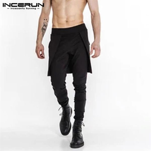 Incerun homem preto pantalones moda calças de cor sólida bolsos lápis joggers dos homens fitness saias irregulares calças 5xl 73469