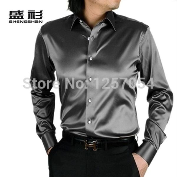 Цельно-мужская серебряная шелковая рубашка, мужская черная блестящая шелковая атласная рубашка с длинными рукавами для пожилых людей, рубашки-смокинг2833