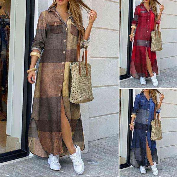 ZANZEA 2021 Moda Femminile Longue Robe Donna Autunno Vintage Maniche lunghe Maxi Abito camicia Casual Plaid Abiti G1223237i