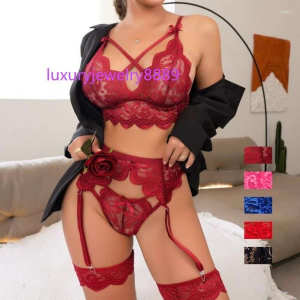 Reggiseni Set Lingerie sexy Donna Diviso in pizzo Reggiseno erotico seducente Giarrettiere collant 3 pezzi Set di biancheria intima trasparente Costumi porno