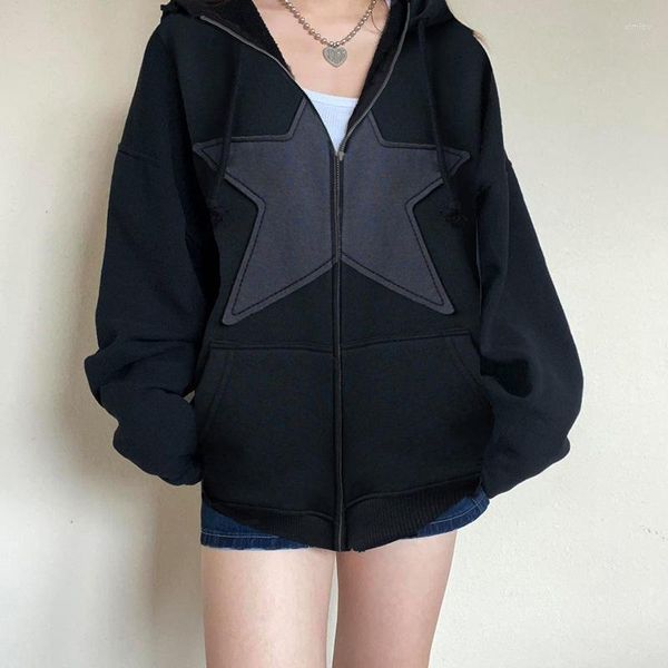 Damen Hoodies Y2k Star Print Reißverschluss Hoodie Grün Schwarz Vintage Grunge Übergroße Kapuzenpullover Harajuku Lose Freizeitjacken Herbst