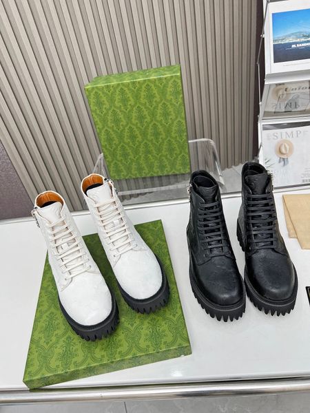 Mulheres tornozelo bota martens botas de borracha sola bloco salto plataforma sapatos preto branco couro de bezerro inverno curto espólio rendas até bombas de salto alto design de luxo 35-43box