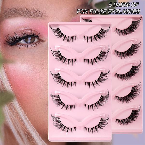 5 Paar 3D Winged End Eye Längliche Wimpern Transparente Stiele Katzenaugen-Wimpern Fuchsauge Falsche Wimpern Manga-Wimpern