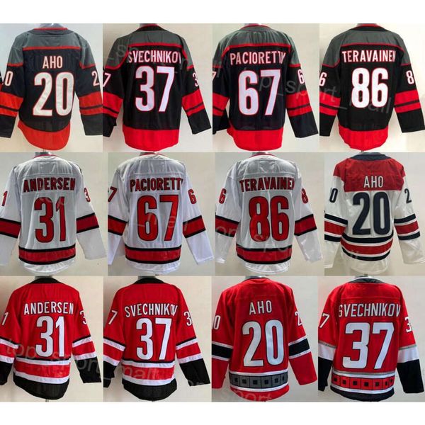 Uomo Hockey 37 Andrei Svechnikov Maglie 20 Sebastian Aho 31 Frederik Andersen 86 Teuvo Teravainen Nero Rosso Bianco Squadra Away Tutto cucito per gli appassionati di sport Traspirante