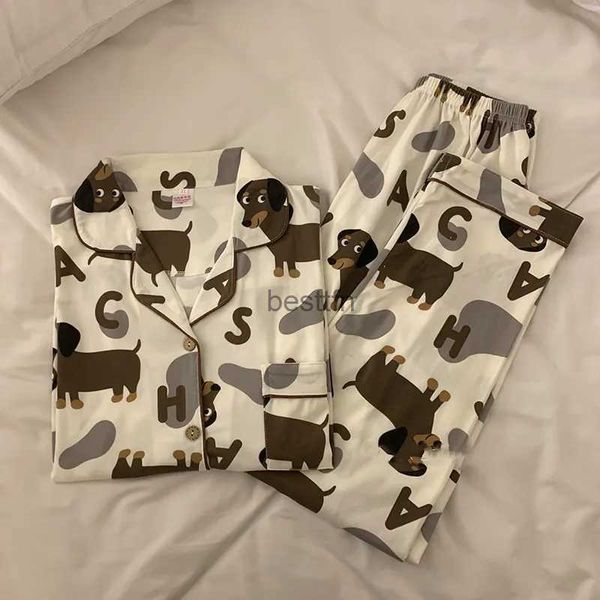 Conjunto de pijama feminino fofo primavera verão 2024, estampa de dachshund, algodão, duas peças, manga curta, tops, calças compridas, roupa de dormir 3991L231005