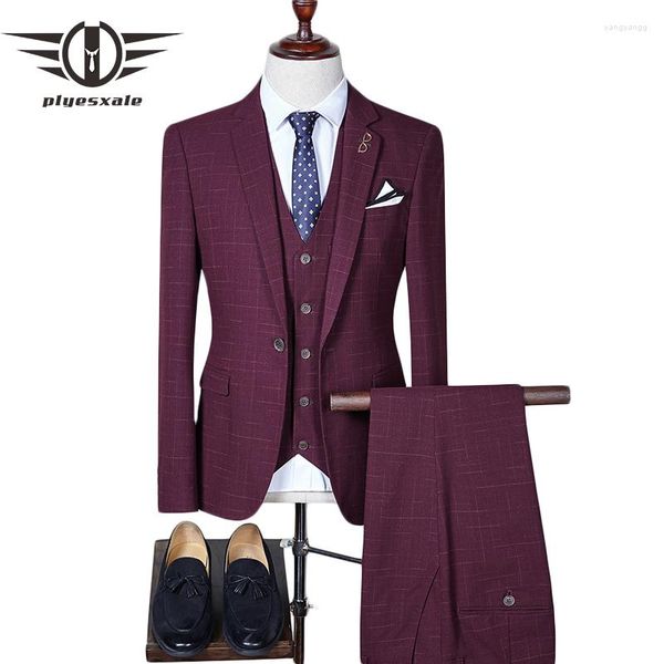 Ternos masculinos plyesxale masculino para casamento 2023 fino ajuste formal azul marinho borgonha smoking jaqueta marca 3 peça terno xadrez q274