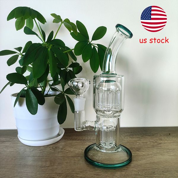 Hochwertige 10-Zoll-Bong mit gebogenem Hals – Dual Tree Percs – Elegantes seeblaues Glas