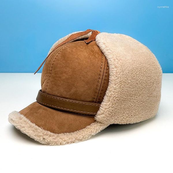 Berets inverno chapéu de couro engrossado proteção de orelha bombardeiro chapéus lã pele de carneiro voando boné de beisebol masculino ao ar livre esqui russo
