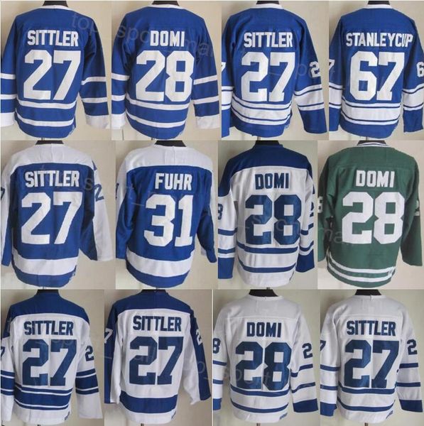 Homens Retro Hóquei 27 Darryl Sittler Jersey Vintage Clássico 28 Tie Domi 31 Grant Fuhr 67 Stanleycup Azul Branco Verde Equipe Cor 75º Aniversário Bordado e Costura