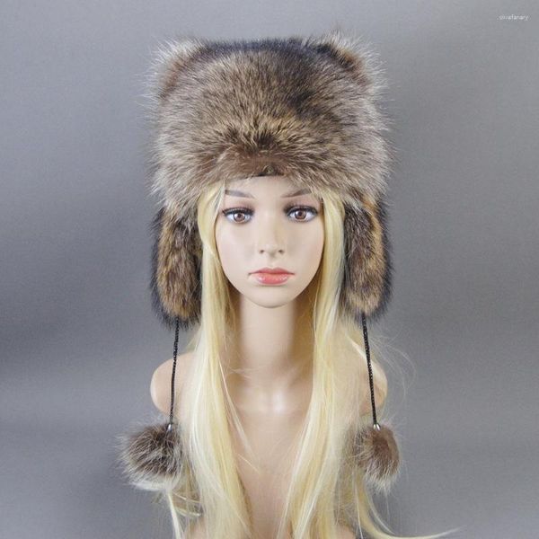 Berets Inverno Mulheres Real Animal Raccoon Fur Chapéu Multicolor Macio de Alta Qualidade Com Orelha Flaps Caudas Ushanka Moda Russa Quente Caps