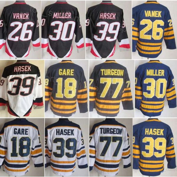 Männer Retro Hockey 26 Thoma Vanek Trikots 18 Danny Gare 30 Ryan Miller 39 Dominic Hasek 77 Pierre Turgeon 16 Pat LaFontaine 89 Mogilny Vintage All Stitched Navy White