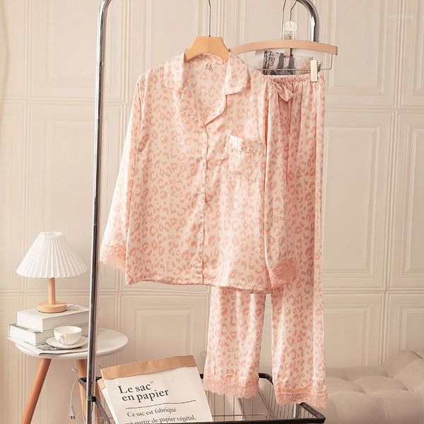 Damen-Nachtwäsche, sexy rosa Druck-Leoparden-Pyjama für Frauen, Frühling, Sommer, langärmelige Hose, Loungewear, lose Seidensatin-Hauskleidung