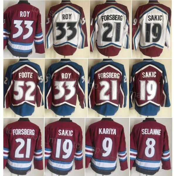 Uomo Retro Hockey 52 Adam Foote Maglie Vintage Classic 21 Peter Forsberg 19 Joe Sakic 33 Patrick Roy 8 Teemu Selanne 9 Paul Kariya Retire CCM cucito per gli appassionati di sport