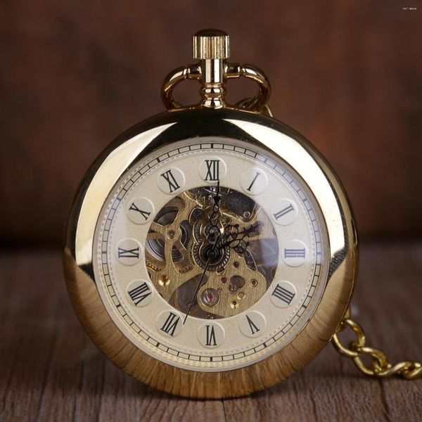 Taschenuhren Luxus Gold Skeleton Transparente mechanische Uhr für Männer Frauen FOB Kette Handaufzug Voller Stahl Großhandel