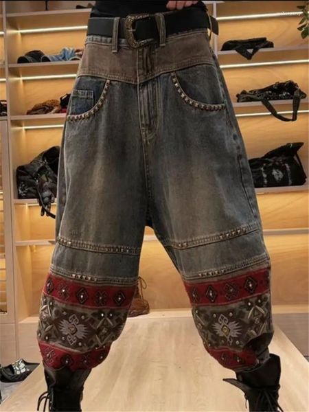 Jeans femininos rebite 2023 primavera outono moda personalizado vintage lavagem velho cravejado perna larga pantalones de mujer