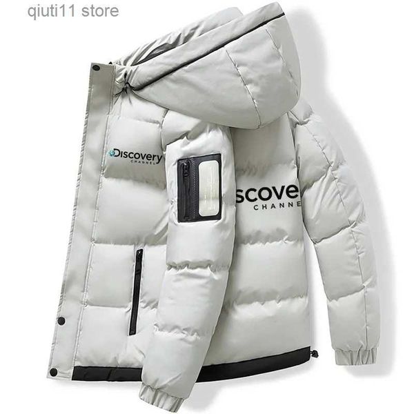 Parkas masculinas novas ao ar livre Discovery Channel casual exterior premium com capuz jaqueta de algodão espessada inverno roupas térmicas novo casaco estampado T231005