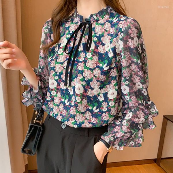 Женские блузки, осень 2023, шифоновая рубашка, топы с принтом в стиле ретро, воротник-стойка, длинный рукав, галстук-бабочка, блузка с оборками