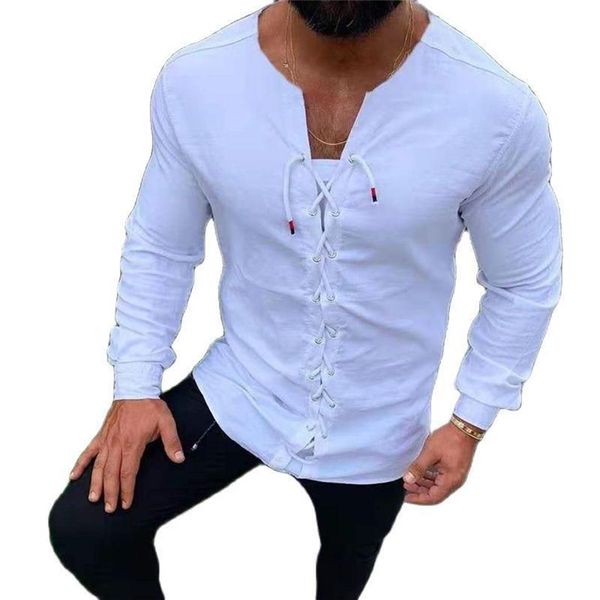 Camicie casual da uomo Camicia di moda tinta unita Camicette a maniche lunghe Abbigliamento uomo Estate Top Pullover Senza colletto Fasciatura bianca 213k