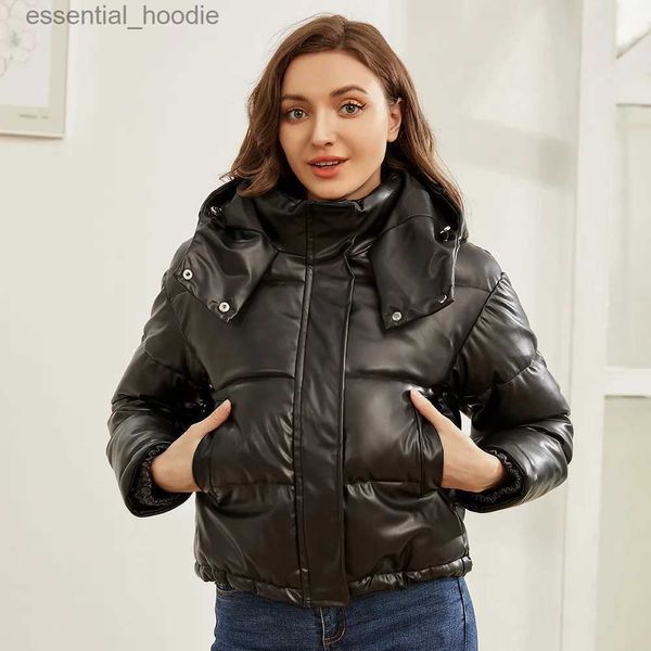 Parkas femininas para baixo 2023 mulheres inverno vintage couro falso solto bolsos com capuz jaquetas de algodão moda quente grosso pu parkas fe outerwear tops l231005