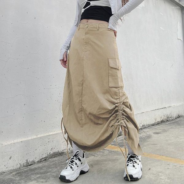 Röcke Langer Rock Frauen Kordelzug Plissee Split Unregelmäßige Maxi Y2k Hip Hop Koreanische Mode Kleidung Streetwear Taschen