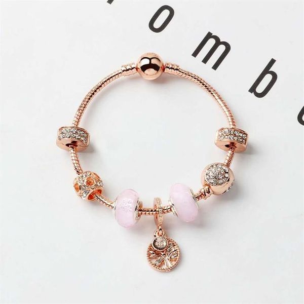 Novo estilo solto charme contas vida árvore pingente pulseira rosa ouro charme pulseira menina feminino presente diy jóias accessories1853