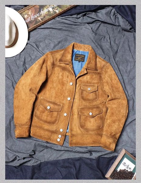 Мужская кожаная куртка из искусственной кожи, роскошная кожаная куртка из коровьей замши, классическая повседневная куртка из натуральной кожи, мужская винтажная джинсовая воловья ткань, западная США 231005