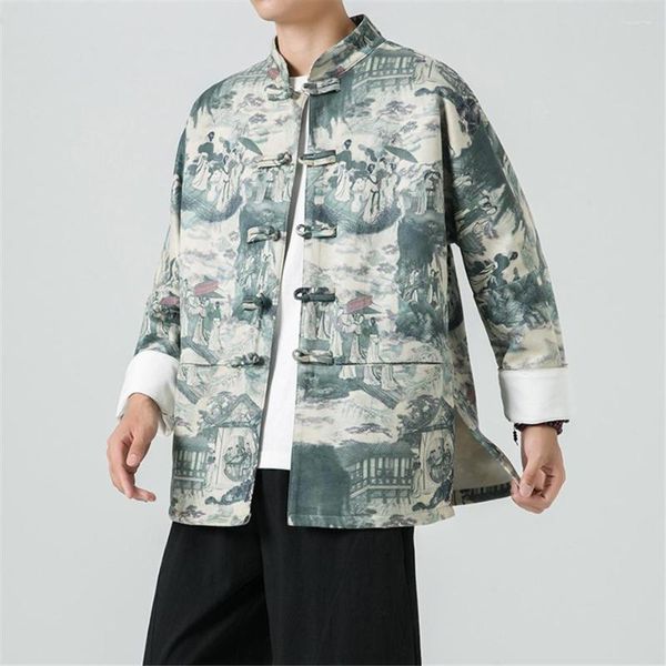 Jaquetas masculinas estilo chinês jaqueta homens camurça casaco primavera outono roupas tradicionais masculino antigo pintura impressão