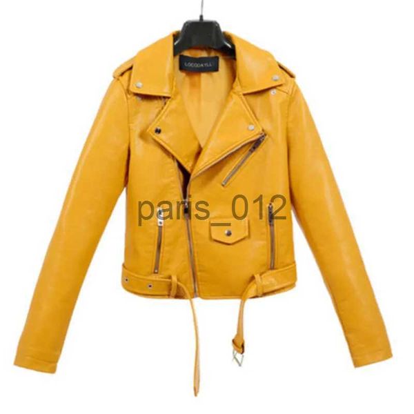 Couro feminino couro sintético curto pele pu slim-fit couro duplo trespassado com cinto trench coat feminino amarelo rosa preto data vermelho motocicleta jaqueta de couro x1005