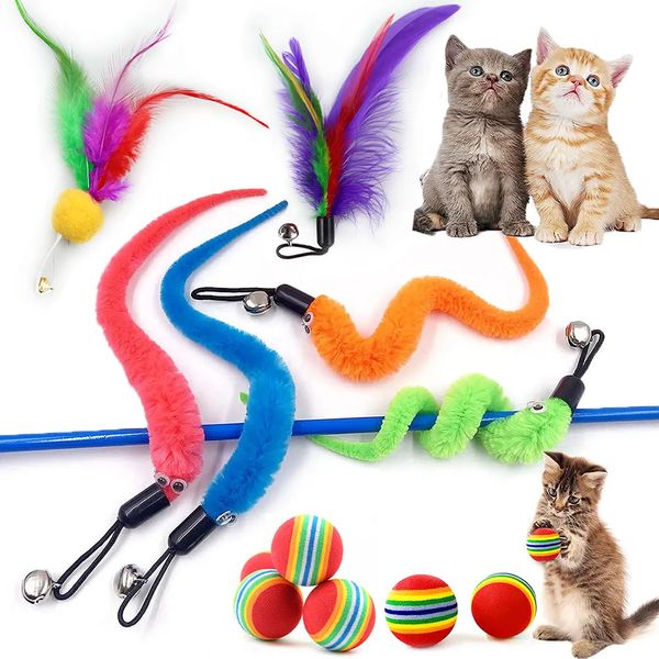 Brinquedos de gato 5/100 pc interativo pena brinquedo acessórios falso mouse worm com sino substituição recarga espuma bola treinamento gatinho 230928