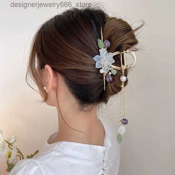 Kopfbedeckung Haarschmuck 2022 Neue klassische Orchidee Perle Quaste Halteklammer Damen Pferdeschwanz Clip Blume Hai Clip Mädchen Elegante Kopfbedeckung Zubehör Q231005